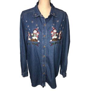 Bobbie Brooks Size Large Shirt Snowman Christmas Embroidered Denim Blue Shacket